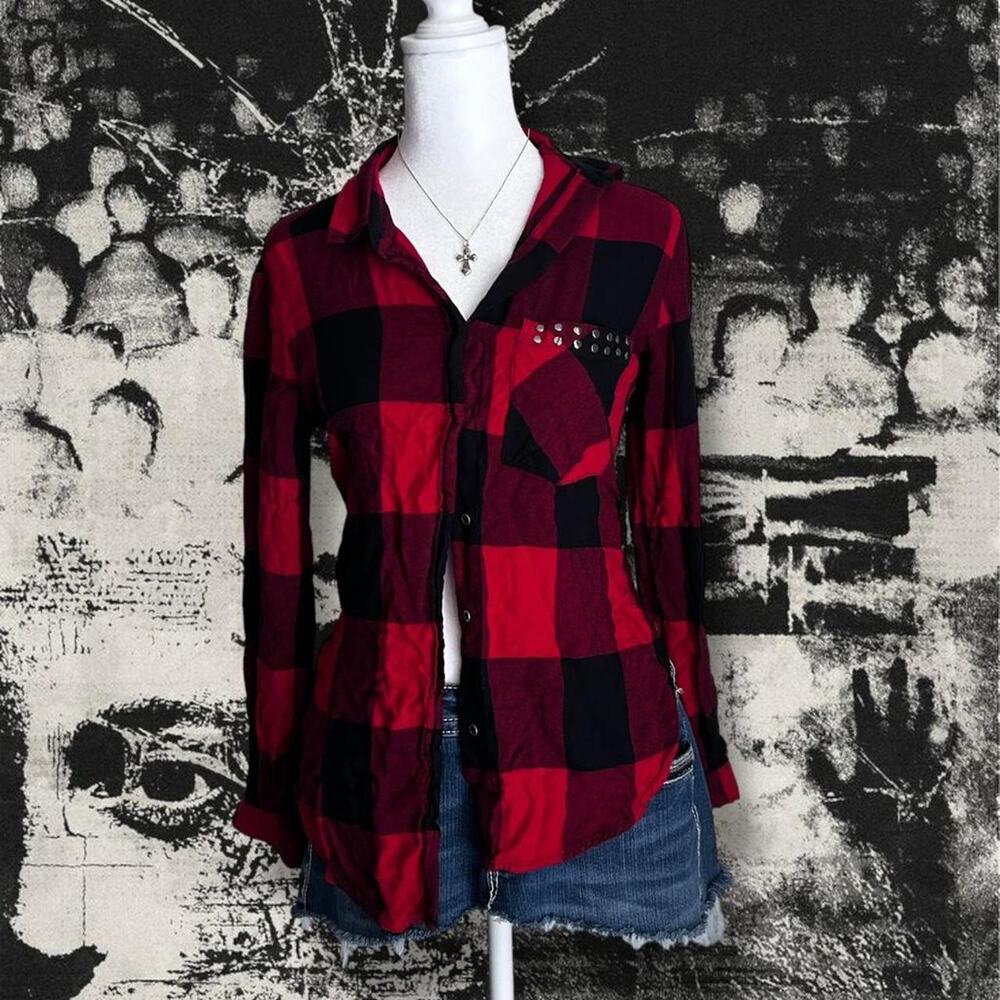 silver studded button up red + black plaid long sleeve top